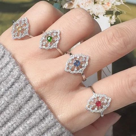 Anello in Argento Sterling S925 con Pietra Preziosa Naturale da Donna Vintage Motivo Geometrico Cavo Tanzanite Citrino Diopside Strass Anello Regolabile Gioielli