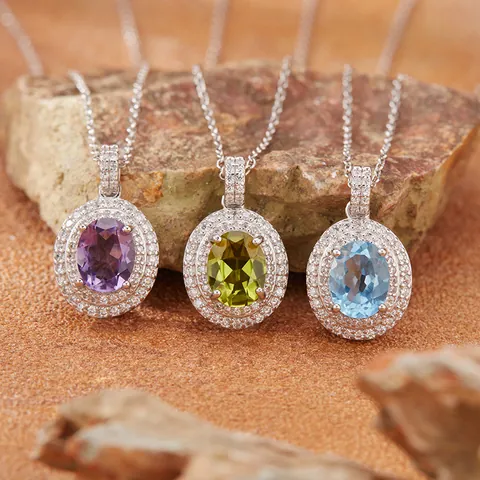 Natural Amethyst Citrine Gemstone Pendant Necklace 925 Sterling Silver Oval Cut Halo Rhinestone Inlaid Fashion Jewelry For Women
