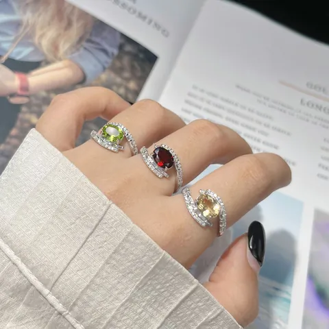Exquisite S925 Sterling Silver Natural Gemstone Ring For Women Elegant Amethyst Citrine Blue Topaz Adjustable Open Finger Jewelry Gift