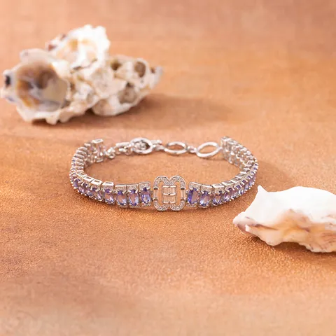 Lussuoso Braccialetto in Argento Sterling S925 con Tansanite Naturale per Donna Geometrico Incastonato Strass Gioielleria Regalo
