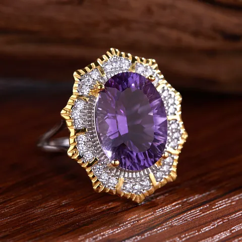 Vintage Victorian S925 Sterling Silver Ring For Women Natural Oval Amethyst Malachite Citrine Topaz Double Layer Rhinestone Inlaid Heavy Palace Style Ring