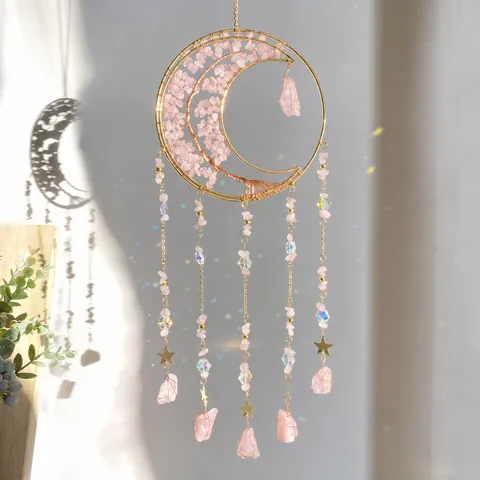 Χειροποίητο Φεγγάρι Δέντρο της Ζωής Suncatcher Φυσική Πέτρα Μέταλλο Κρεμαστό Κρύσταλλο Πρίσμα Μενταγιόν Μποέμ Διακόσμηση Παραθύρου