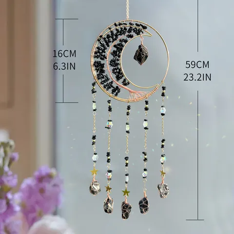Χειροποίητο Φεγγάρι Δέντρο της Ζωής Suncatcher Φυσική Πέτρα Μέταλλο Κρεμαστό Κρύσταλλο Πρίσμα Μενταγιόν Μποέμ Διακόσμηση Παραθύρου