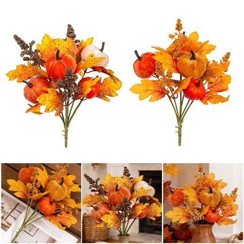 Ramo de Calabaza y Hojas de Arce Artificiales para Decoración de Acción de Gracias Flores de Seda con Bayas Adorno de Mesa