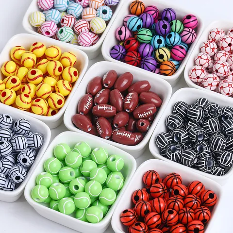 Acrylic Sports Ball Pattern Beads Soccer Basketball Football Rugby Baseball Cross Design For DIY Jewelry Making Spacer Beads