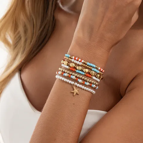 Bracelet Bohème En Künstliche Perles Multicouche Argile Polymère Imitation Künstliche Perle Alliage Étoile De Mer Style Océan Plage Pour Femmes Filles