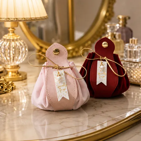 Samt PU Leder Hochzeit Gastgeschenk Beutel Kordelzug Süßigkeiten Geschenkbeutel Mit Künstliche Perlenanhänger Knopfverschluss