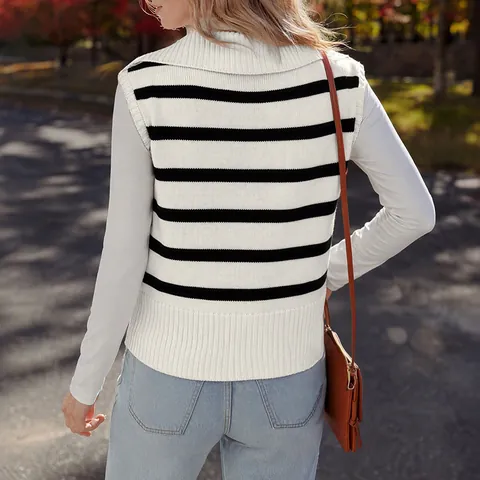 Women Casual Striped Knit Vest Quarter Zip Turn Down Collar Sleeveless Sweater Top Retro Fashion Knitwear For Women