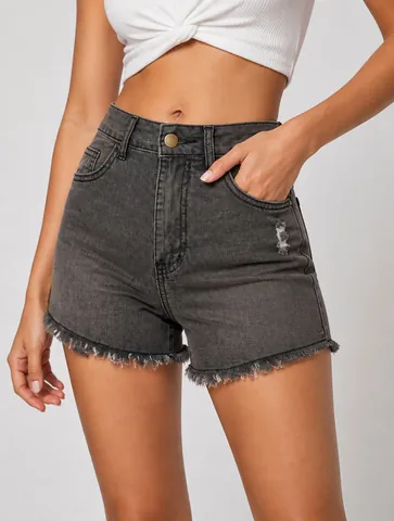 High Waist Denim Shorts Women Cotton Washed Frayed Raw Hem Slim Fit Casual Five Pockets Distressed Jeans Shorts