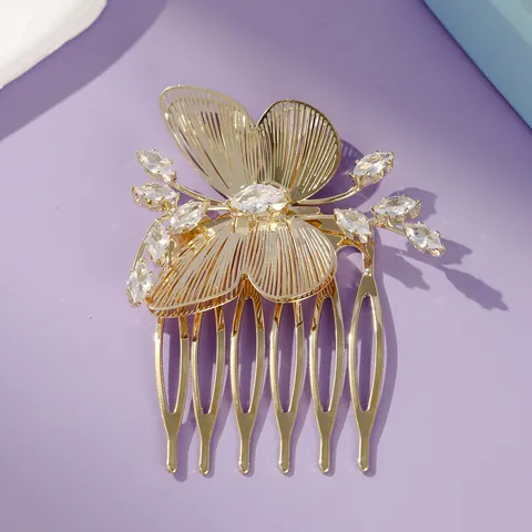 Luxury Gold Alloy Zircon Flower Butterfly Hair Comb Bridal Wedding Headpiece For Women Banquet Party Hair Jewelry Accessories