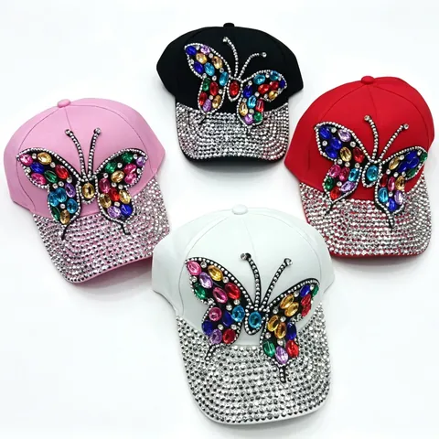 Butterfly Rhinestone Baseball Cap Sparkly Denim Cotton Adjustable Sun Hat Trendy Streetwear Women