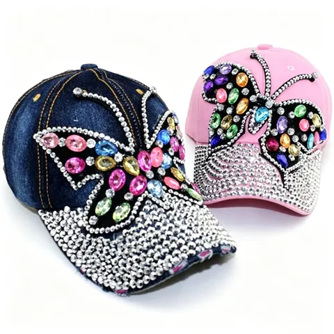 Butterfly Rhinestone Baseball Cap Sparkly Denim Cotton Adjustable Sun Hat Trendy Streetwear Women