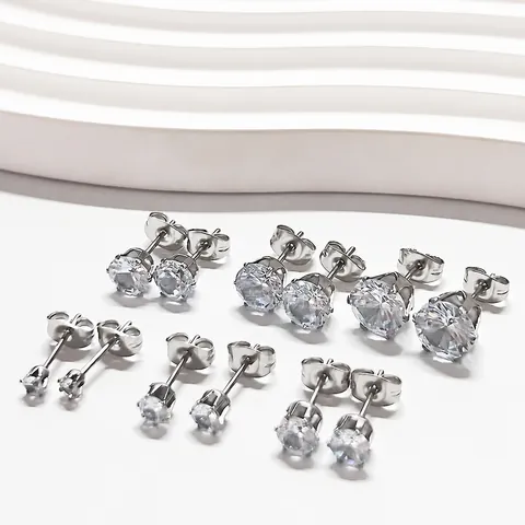 Boucles d'Oreilles Clous Minimalistes en Acier Inoxydable avec Zirconia pour Femmes Rondes Serties à Six Griffes Bijoux de Mode