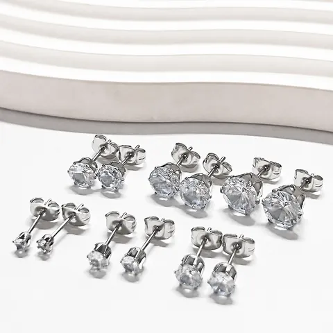 Pendientes de Botón Minimalistas de Acero Inoxidable con Zirconia para Mujer Redondos Engastados con Seis Garras Joyería de Moda