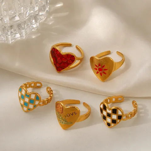 Heart Shaped Stainless Steel Ring Gold Plated Open Adjustable Enamel Checkered Flower Jewelry For Women Trendy