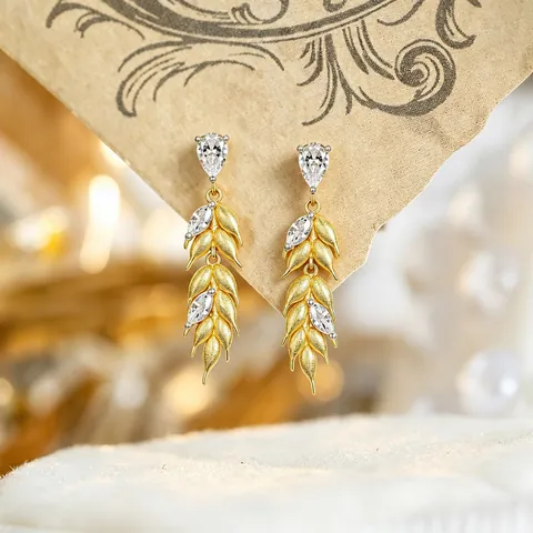 Pendientes de Goccia de Espiga de Trigo de Plata de Ley 925 Chapado en Oro Textura Cepillada Circonia Borla Larga Mujer