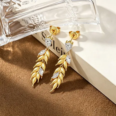 Pendientes de Goccia de Espiga de Trigo de Plata de Ley 925 Chapado en Oro Textura Cepillada Circonia Borla Larga Mujer