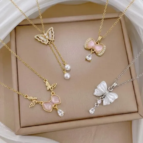 Butterfly Pendant Necklace Stainless Steel Gold Silver Zirconia Faux Artificial Pearl Tassel Sweet Fashion Jewelry For Women Gift