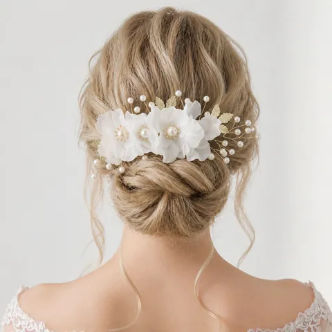 Bridal Wedding Hair Comb And Hairpins Set Cloth Flower Imitation Artificial Pearl Gold Alloy Leaf Forest Style Sweet Headpiece