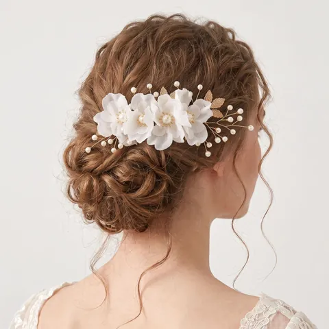 Bridal Wedding Hair Comb And Hairpins Set Cloth Flower Imitation Artificial Pearl Gold Alloy Leaf Forest Style Sweet Headpiece