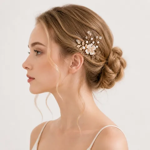 Handmade Bridal Hair Stick Gold Alloy Leaf Imitation Artificial Pearl Rhinestone Flower U Shaped Hair Fork For Wedding Party
