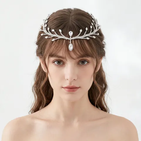 Rhinestone Bridal Forehead Chain Headpiece Leaf Vine Silver Color Crystal Hairband Wedding Party Jewelry For Women