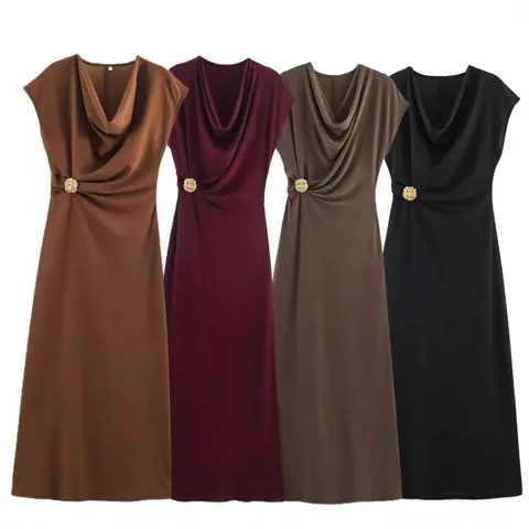 Elegante Abito Lungo Senza Maniche Con Scollo A Cappuccio Per Donna Poliere Drappeggiato Tinta Unita Con Fibbia Oro