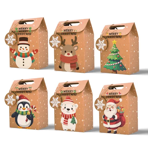 Christmas Kraft Paper Gift Bags With Ribbon Snowflake Santa Claus Gingerbread House Pattern For Holiday Party Favors Treats