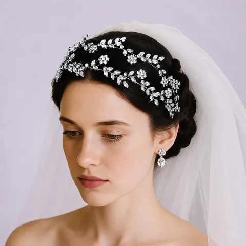 Bridal Zirconia Leaf Vine Hair Accessory For Wedding Banquet Elegant Silver Alloy Rhinestone Flower Headband Women Headwear