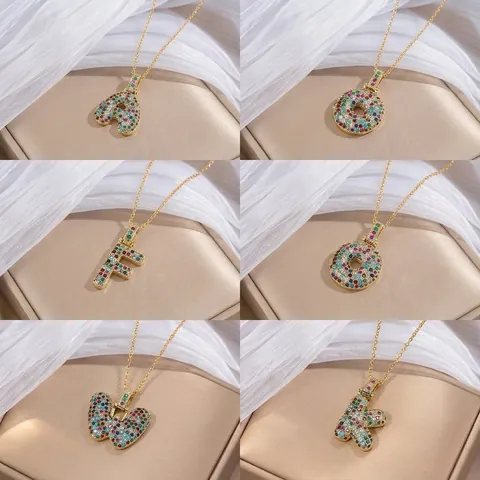 Stainless Steel Alphabet Initial Pendant Necklace For Women Gold Plated Colorful Zirconia Bubble Letter Clavicle Chain Jewelry
