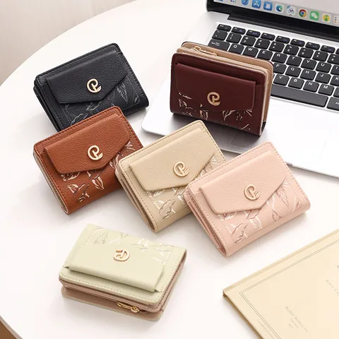 Women Mini Wallet PU Leather Leaf Embroidery Flower Buckle Portable Wrist Strap Multi Card Slots Foldable Coin Purse