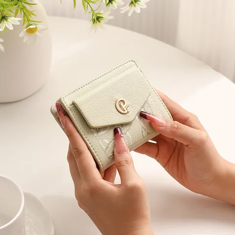 Women Mini Wallet PU Leather Leaf Embroidery Flower Buckle Portable Wrist Strap Multi Card Slots Foldable Coin Purse