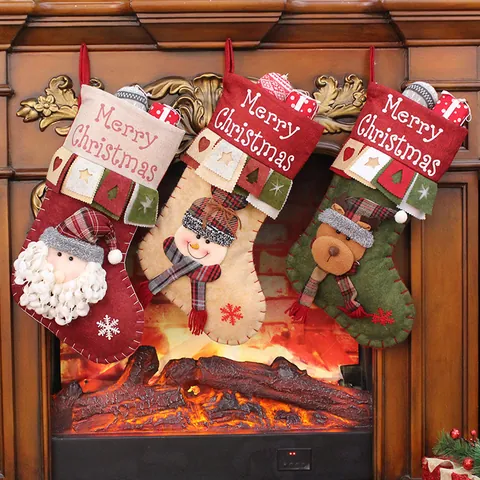 Großer Weihnachtsstrumpf Süßigkeiten Geschenktüte Mit 3D Weihnachtsmann Schneemann Rentier Mustern Stoff Deko