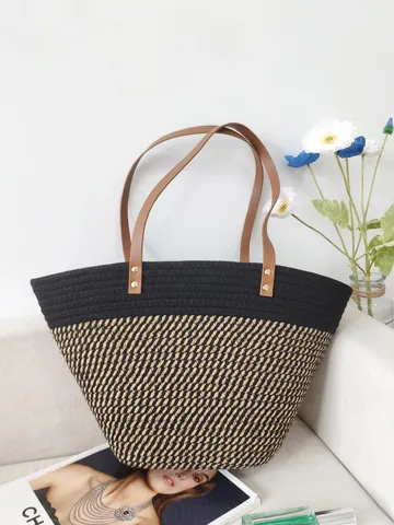 Sac Cabas Tissé En Corde De Coton Grande Capacité Avec Poignée En Similicuir Bloc De Couleur Sac De Plage Pour Femmes