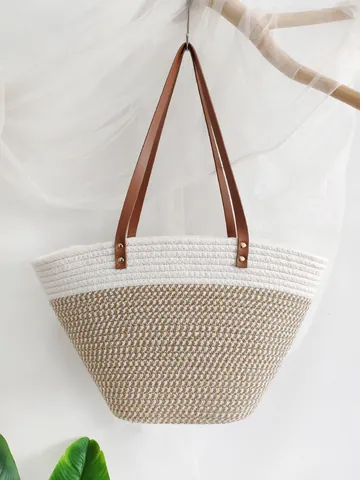 Sac Cabas Tissé En Corde De Coton Grande Capacité Avec Poignée En Similicuir Bloc De Couleur Sac De Plage Pour Femmes