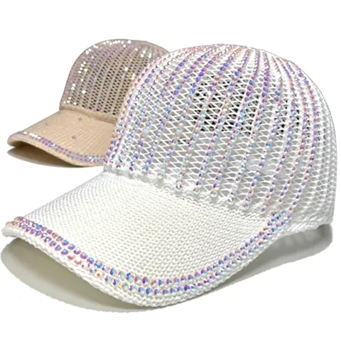 Women Fashion Knitted Hollow Out Baseball Cap With Rhinestone Stripes Breathable Sun Hat Adjustable Luxury Casual Sport Hat
