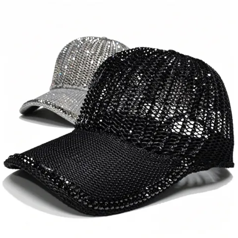 Women Fashion Knitted Hollow Out Baseball Cap With Rhinestone Stripes Breathable Sun Hat Adjustable Luxury Casual Sport Hat
