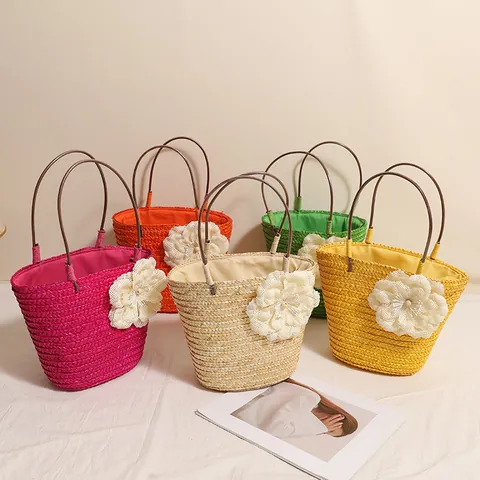 Sac À Main En Paille Pour Femmes Grande Fleur Sac De Vacances À La Plage Poignée En Métal Cordon