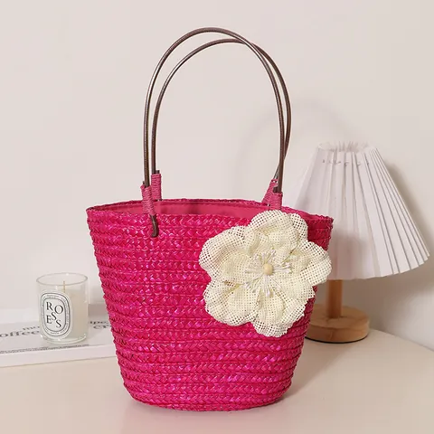 Sac À Main En Paille Pour Femmes Grande Fleur Sac De Vacances À La Plage Poignée En Métal Cordon