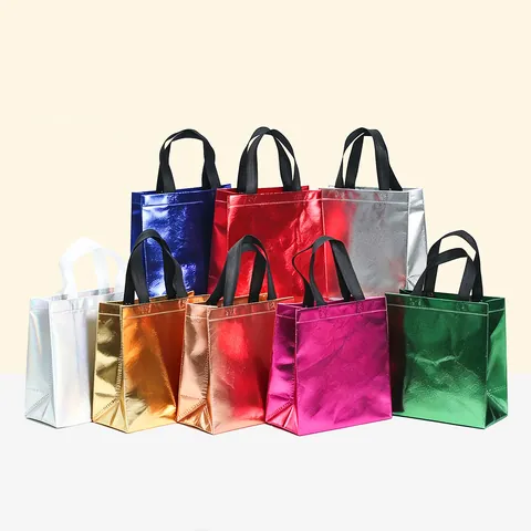 Laser Metallic Non-Woven Gift Bag Foldable Waterproof Tote Bag For Christmas Party Wedding Shopping Eco-Friendly Packaging Bag