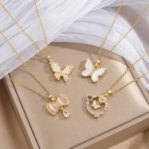 Elegant Butterfly Tassel Pendant Necklace Stainless Steel Gold Silver Plated Zirconia Artificial Pearl Fashion Jewelry Women Gift