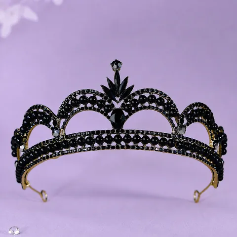 Vintage Baroque Crown Tiara Black Rhinestone Alloy Gothic Wedding Party Queen Costume Headpiece