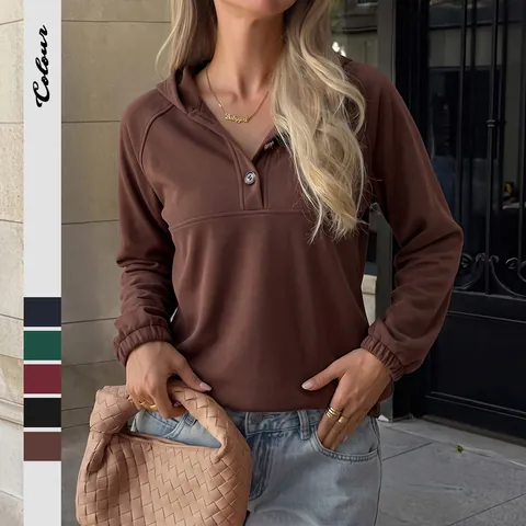 Sudadera con Capucha Casual de Manga Larga para Mujer Patchwork Botón Cuello Henley Pullover Otoño Invierno Color Sólido Tops