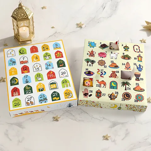 Weiße Ramadan Countdown Kalenderbox Dreißig Gitter Eid Mubarak Advent Blindboxen Cartoon Stern Mond Muster Karton Geschenkverpackung