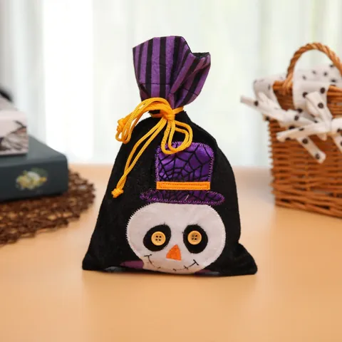 Halloween Drawstring Candy Gift Bags Velvet Flannel Embroidery Pumpkin Skull Black Cat Holiday Party Trick Or Treat