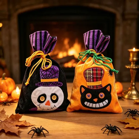 Halloween Drawstring Candy Gift Bags Velvet Flannel Embroidery Pumpkin Skull Black Cat Holiday Party Trick Or Treat