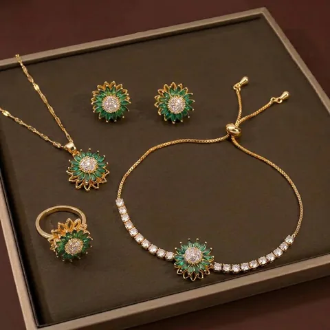 Rotate Sunflower Jewelry Set Emerald Green Zircon Titanium Steel Necklace Earrings Ring Bracelet For Women Floral Accessory