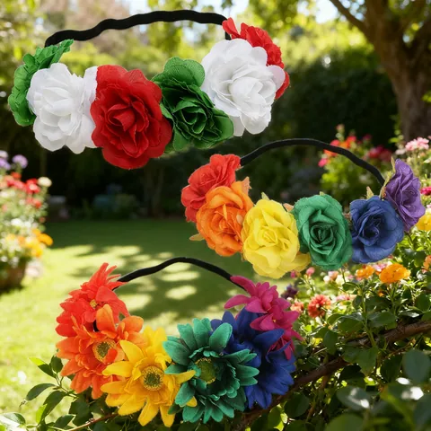 Women Christmas Floral Headband Mexican Rose Headpiece Festive Party Rainbow Cloth Hair Accessories Holiday Costume Headband