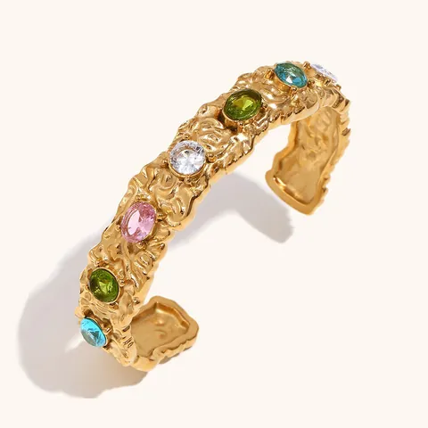 Colección de Joyas de Acero Inoxidable Martillado Vintage Pulsera de Brazalete con Zirconia Multicolor Anillo Pendientes de Aro C para Mujer