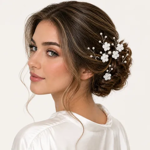 Bridal Flower Hair Stick Set White Fabric Flowers Artificial Pearl U-Shaped Pins Wedding Hair Accessories Handmade Hairpins For Women 6 Pieces